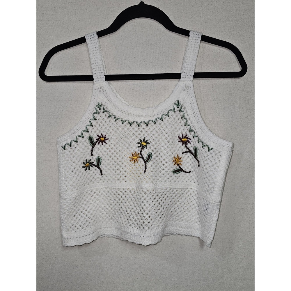 Rebellion  Womens Crochet Knit Cropped Tank Top S White Floral Embroidered Boho